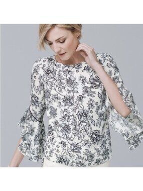 White House Black Market Floral Chiffon Bell Sleeve Hi-Lo Blouse Sz 8 Top Shirt